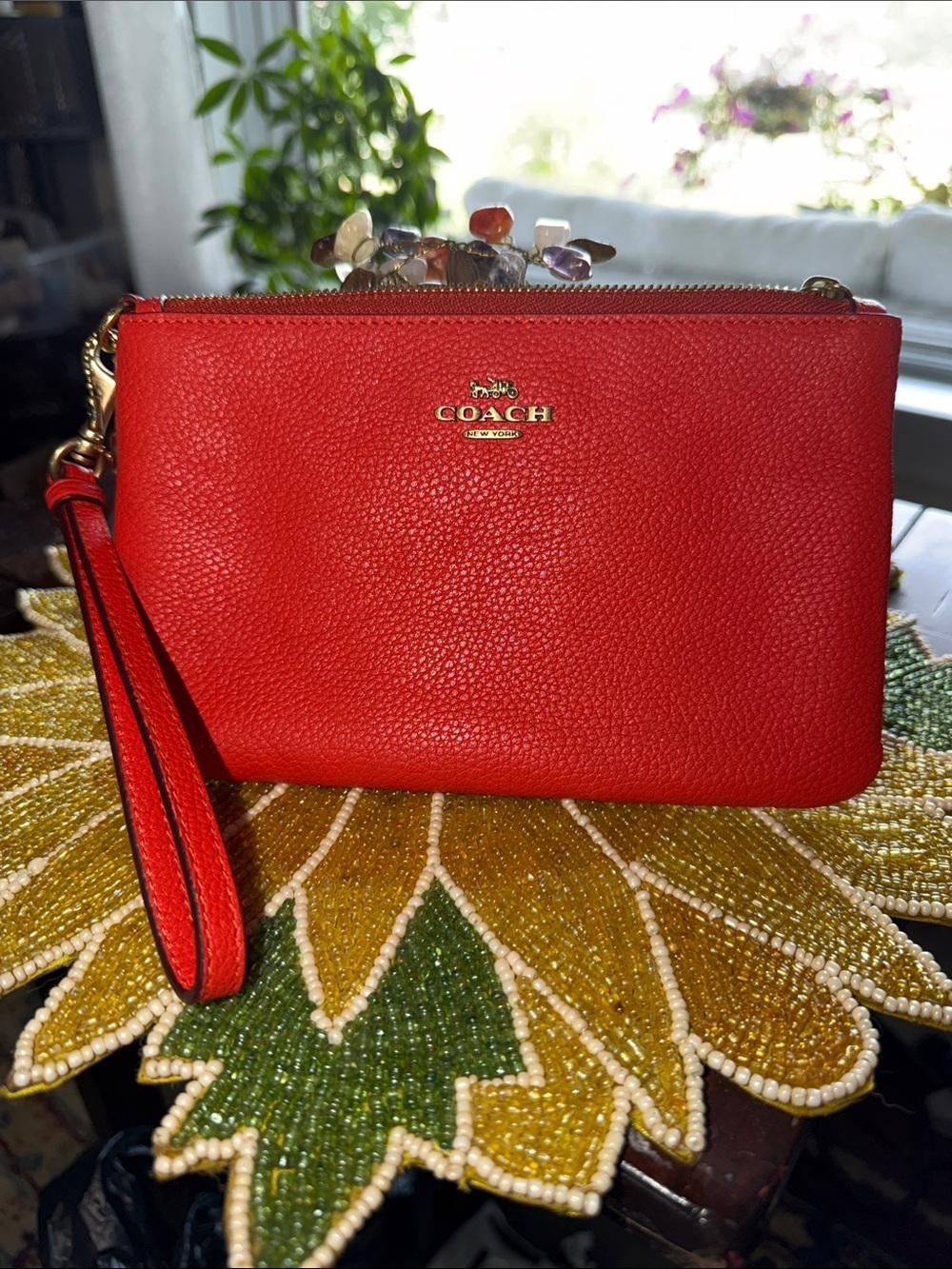 COACH Red Pebbled Leather Wristlet Clutch with Gold Logo
